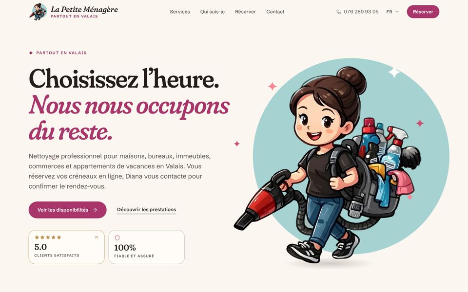 Page d’accueil de lapetitemenagere.ch : « Choisissez l’heure. Nous nous occupons du reste. », avec la mascotte de l’entreprise.
